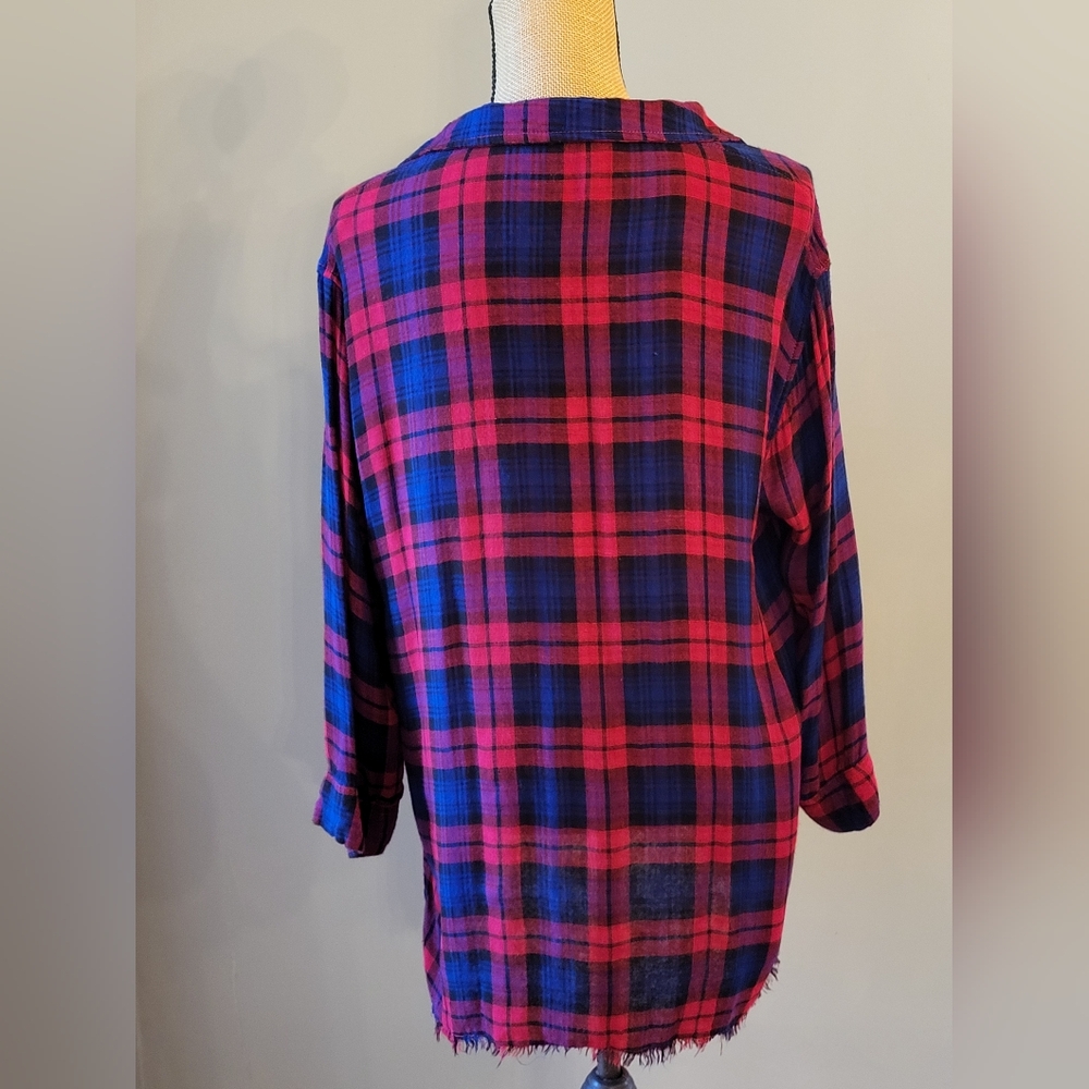 Umgee Flannel Plaid Blouse Pullover Tie Front Medium - Picture 3 of 10